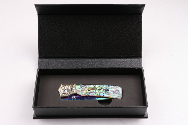 Damascus blade material Silk color Abalone handle folding knife with Titanium coated surface UD404442